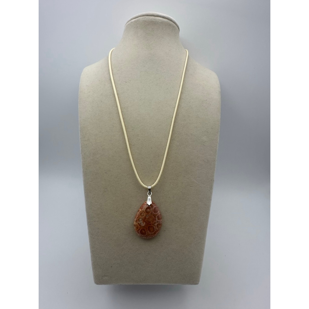 Orange and Beige Fossil Coral Teardrop Pendant Necklace - Picture 7 of 7